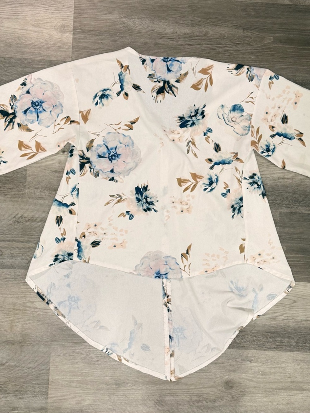 Floral V-Neck Peplum Top in White with Blue Bloom Print - Picture 3 of 3